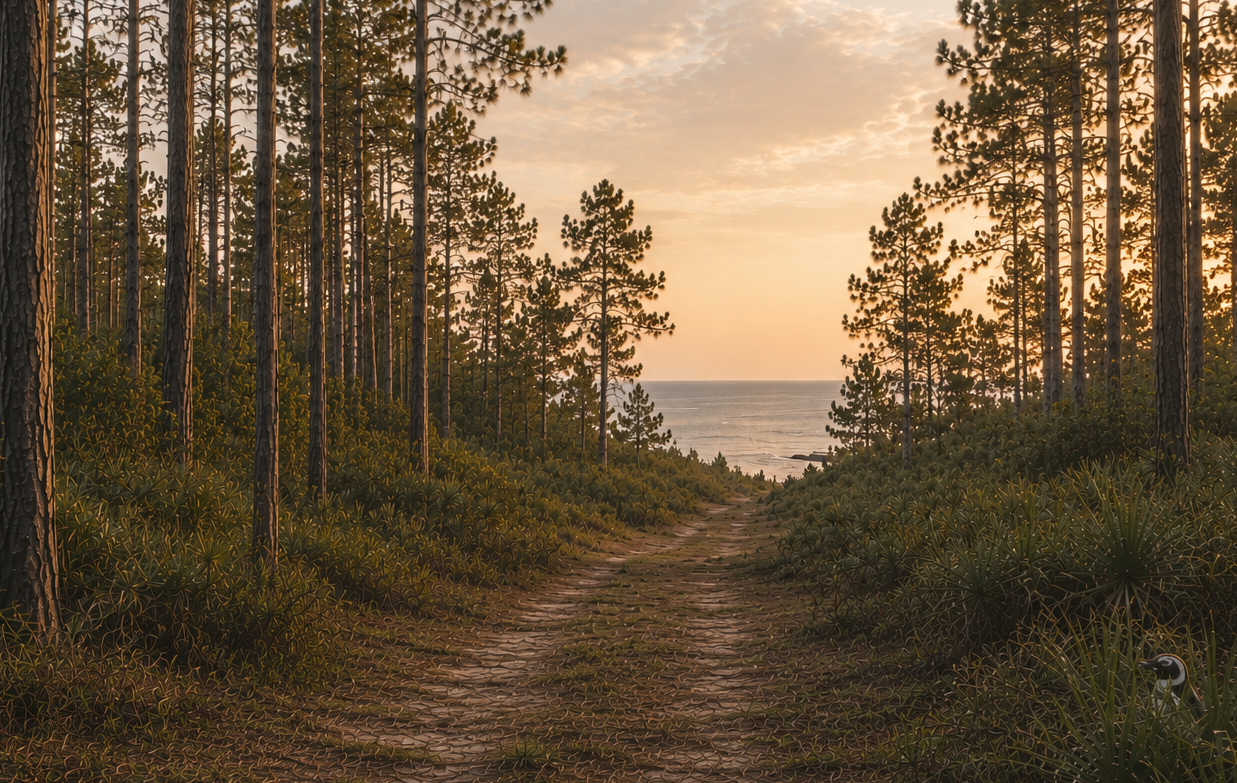 A pine-lined path leads to the ocean beneath a golden sunset, with a penguin in the undergrowth.